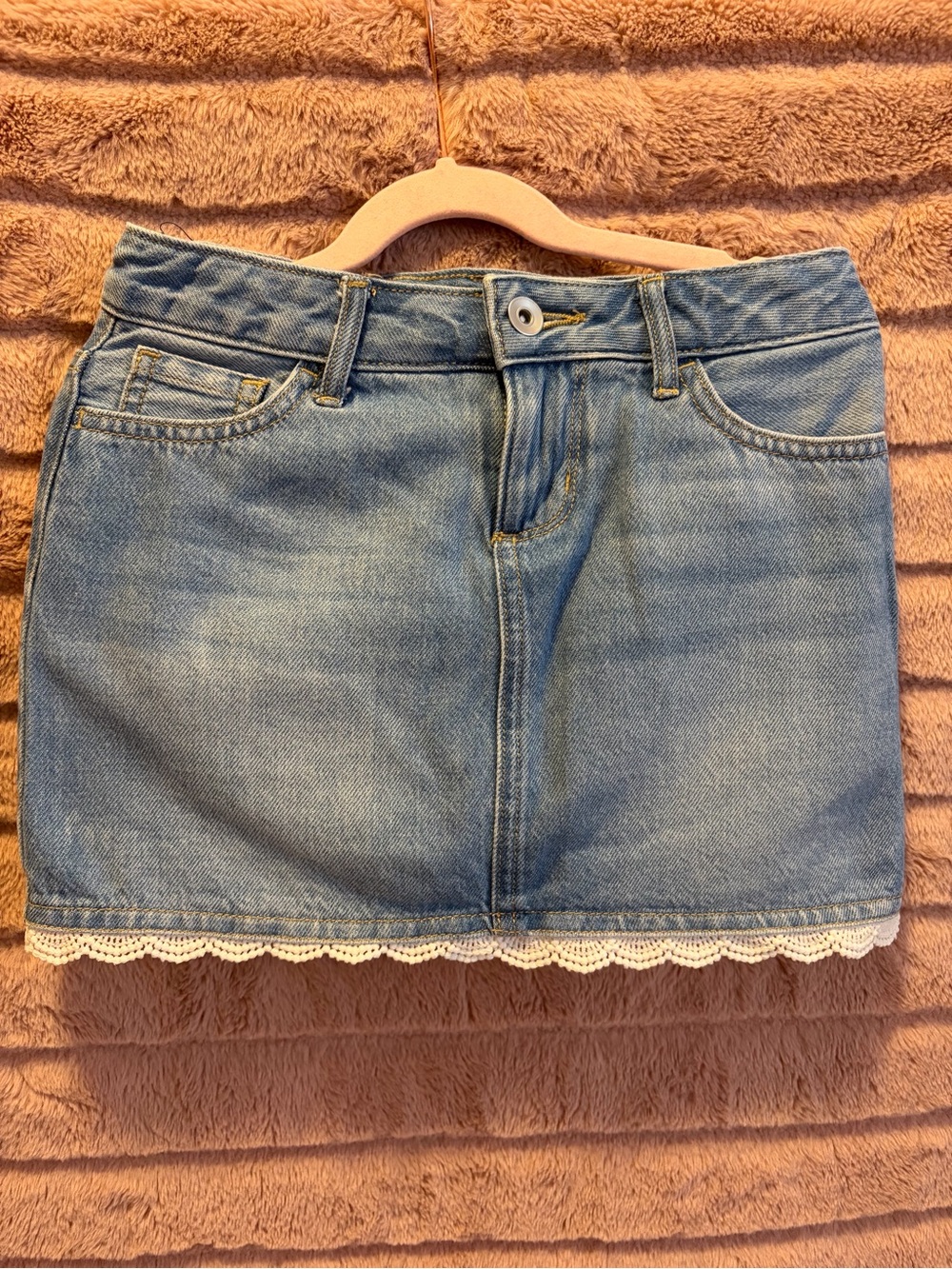 The Children's Place light blue denim skort with white lace hem